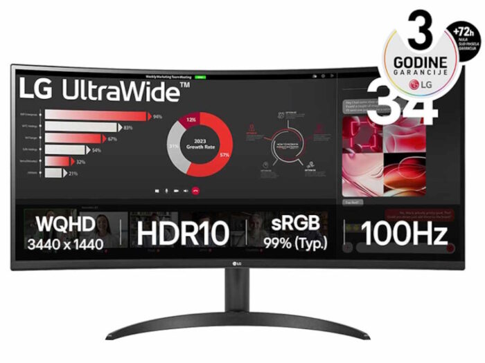 Monitor LG 34WR50QK-B.AEU 34"/VA,21:9,zakrivljen/3440x1440/100Hz/5ms GtG/HDMIx2,DP/crna